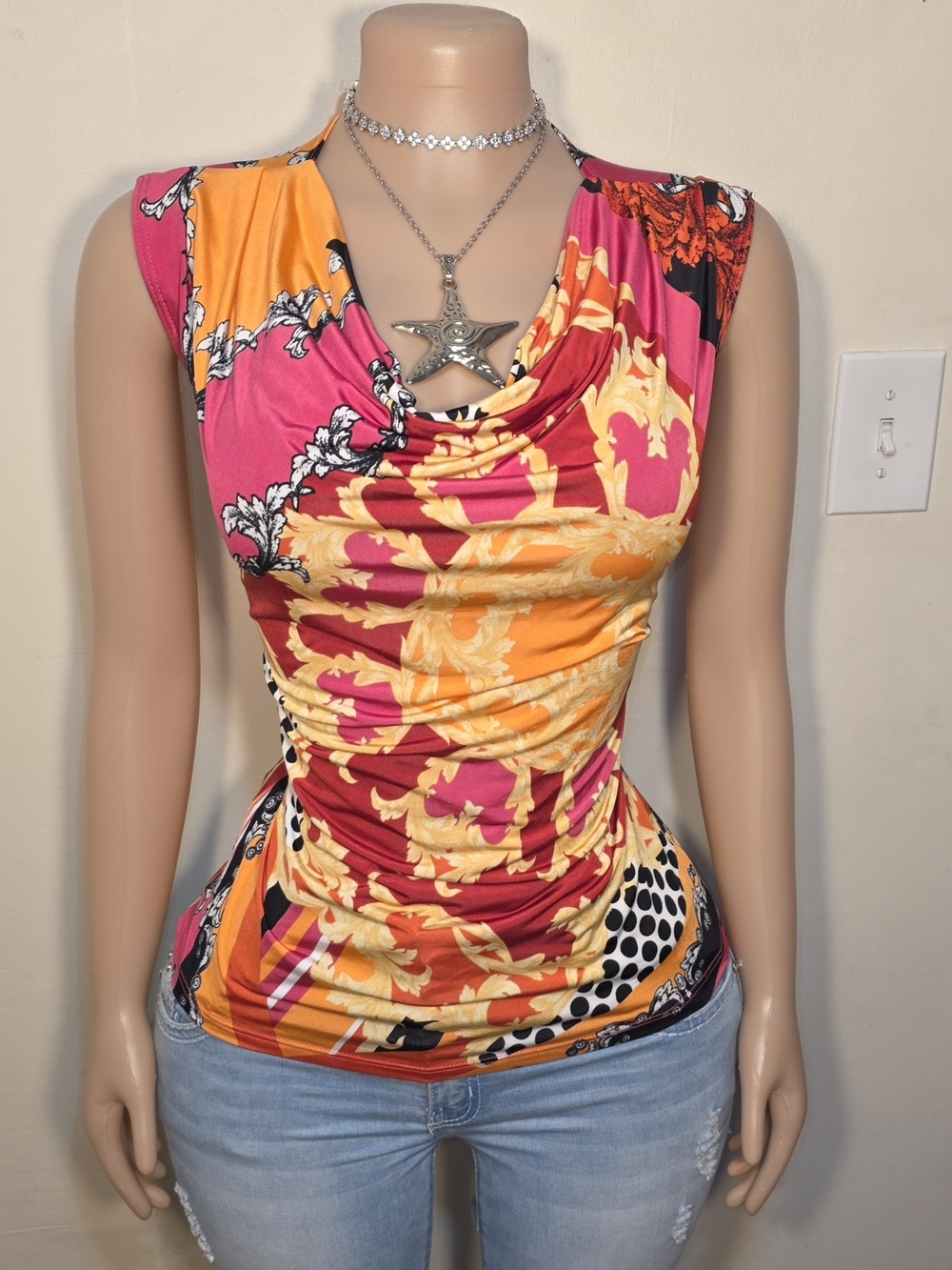 Jennie & Marlis Draped Cowl Neck Sleeveless Camisole in Pink & Orange